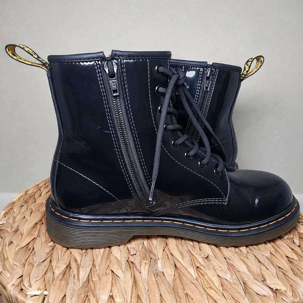 Dr Martens 1460 Youth Black Patent Leather Combat Boots Lace Up Side Zip